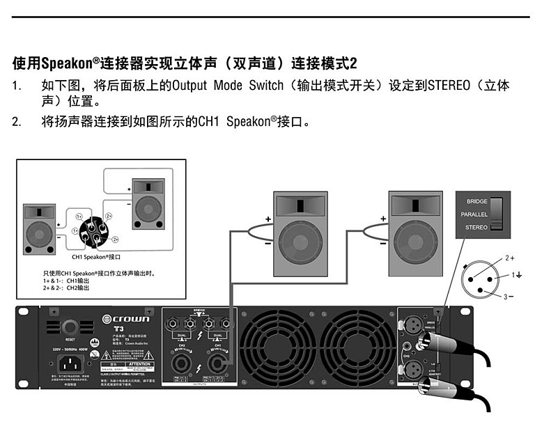 CROWN T 系列功放連接